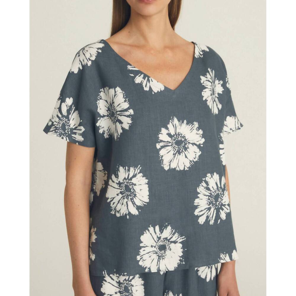 NEW ROSSO35 women's linen v neck top in anthracite & off-white